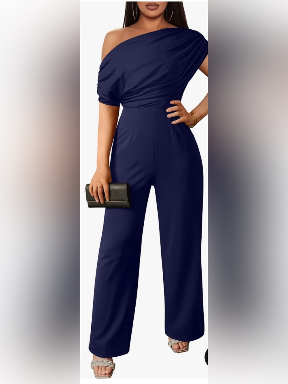 Navy Draped Neck Jumpsuit Like New